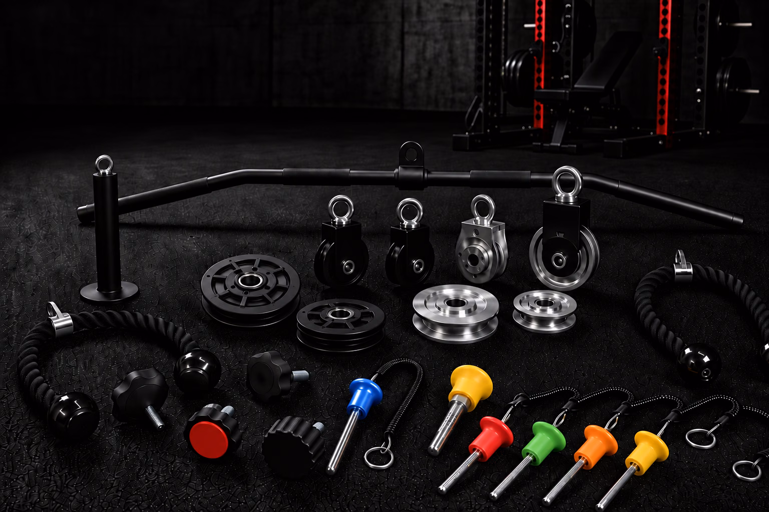 Comprehensive gym equipment components including pulleys rods and accessories